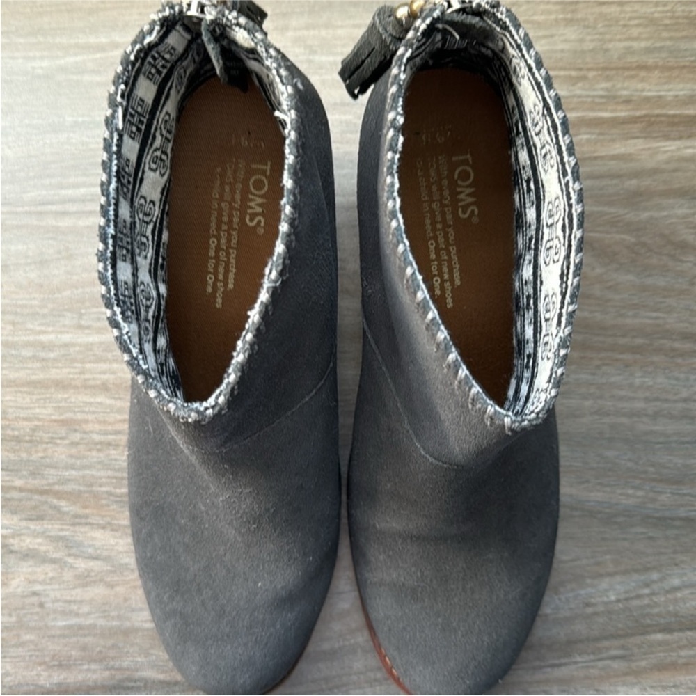 Toms grey suede 2.5” heeled booties with zip closure at back heel. Size 8.5 - Picture 3 of 5